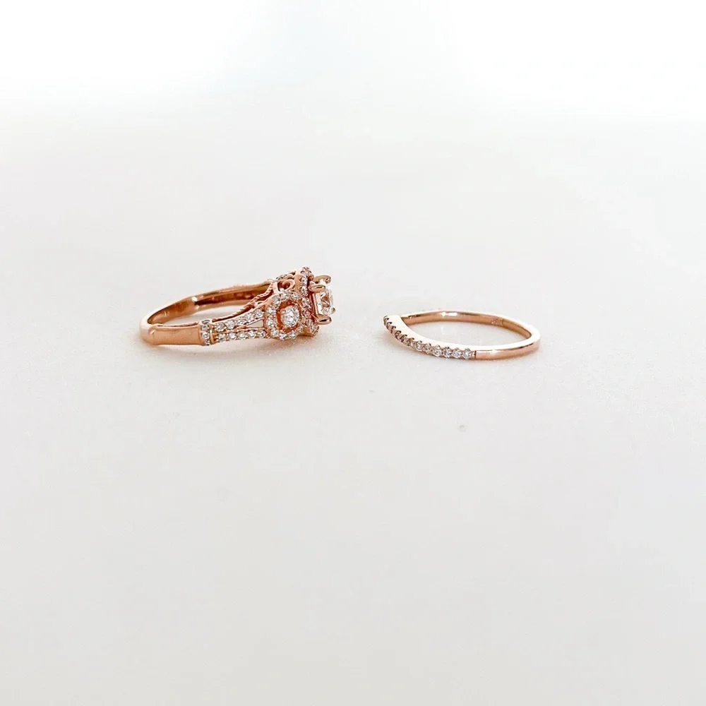 Rose Gold 14K Three Stone Diamond Halo Pave Engagement Ring Wedding Band Set - Picture 7 of 13